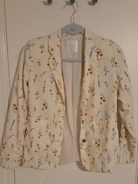 Casual Cream Floral Blazer - Linen Women's Jacket